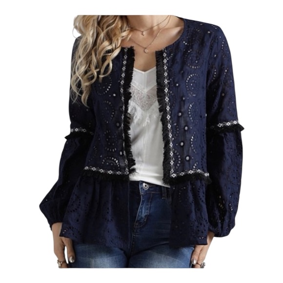 Suzanne Betro Tops - Suzanne Betro Women’s Dark Navy Eyelet Fringe Accents Open Front Cardigan SZ M